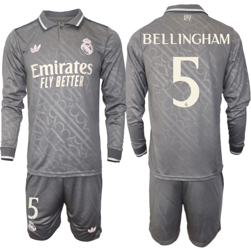 Men 2024-2025 Club Real Madrid away Long Sleeves Grey #5 Soccer Jersey->real madrid jersey->Soccer Club Jersey